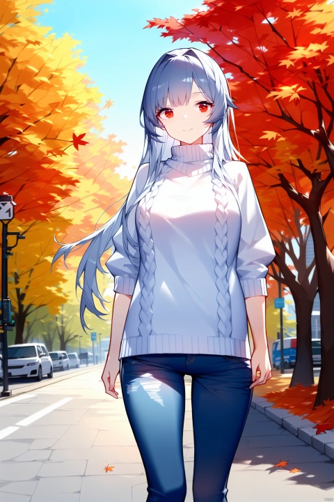  (1girl, tender wifely, solo.detailed eyes, red eyes, white hair, long hair, bangs, white sweaters, turtlenecks sweaters, jeans;closed mouth, smile, standing, cowboy shot.autumn street, city walk, maple_leaves fallen, outdoors.
)
official alternative costume, photorealistic,

maximalism.fine fabric emphasis, 
best quality, amazing quality, very aesthetic, absurdres,best quality, amazing quality, very aesthetic, absurdres, 
HDR, UHD, 8K, Highly detailed, best quality, masterpiece, realistic, Highly detailed, ultra realistic 8k cg,