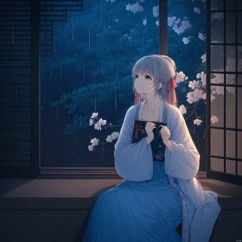 masterpiece,best quality,illustration,ultra detailed,hdr,Depth of field,(colorful),hanfu,1girl,solo,green eyes,chinese clothes,rain,flower,window,night,wide sleeves,ribbon,long sleeves,grey hair,long hair,hair ribbon,indoors,branch,collarbone,looking up,holding,sitting,closed mouth,