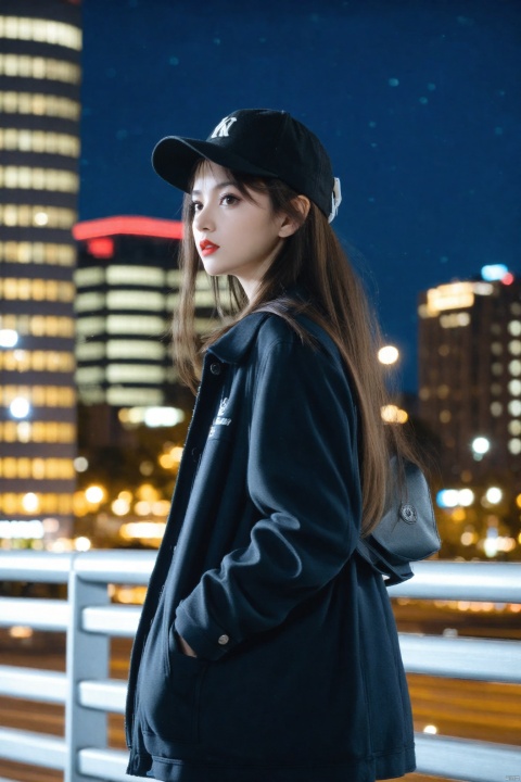 masterpiece,Realism,best quality,1girl,solo,blurry,hat,long hair,blurry background,black headwear,depth of field,jacket,looking at viewer,outdoors,brown hair,realistic,hands in pockets,black jacket,night,lips,red lips,city lights,black hair,closed mouth,bokeh,black eyes,upper body,brown eyes,coat,hand in pocket,city,bag,building,lipstick,from side,long sleeves,nose,railing,baseball cap,standing,