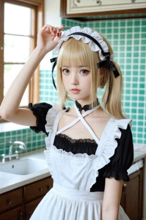 masterpiece,Realism,best quality,1girl,solo,blonde hair,realistic,indoors,drill hair,kitchen,frills,hair ornament,black dress,dress,bare shoulders,x hair ornament,apron,blurry,hairband,sink,looking at viewer,detached sleeves,maid headdress,maid,halterneck,lolita hairband,hairclip,twintails,blunt bangs,brown eyes,gothic lolita,twin drills,ribbon,black ribbon,window,marie rose,photorealistic,bathroom,choker,lolita fashion,blurry background,arm up,collarbone,hair ribbon,lips,white apron,closed mouth,scrunchie,long hair,tiles,upper body,frilled dress,criss-cross halter,frilled sleeves,tile wall,frilled hairband,short sleeves,depth of field,nail polish,medium hair,