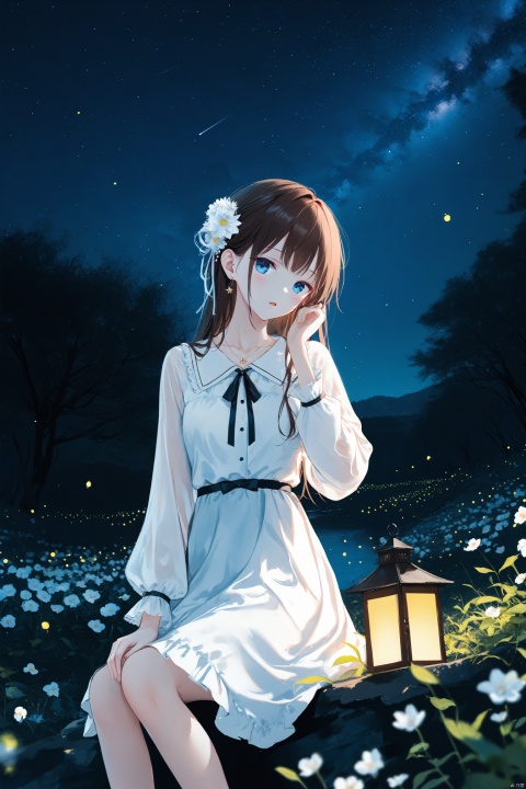 masterpiece,best quality,high quality,(colorful),[Artist toosaka asagi],[[[Artist wlop]]],[Artist chen bin],[Artist omone hokoma agm],Artist hiten (hitenkei), 1girl, solo, outdoors, dress, night, lantern, sitting, white dress, hair ornament, sky, blue eyes, long sleeves, fireflies, hand up, brown hair, dutch angle, blush, long hair, looking at viewer, flower, ribbon, night sky, hair flower, parted lips, black ribbon, jewelry, collarbone, star (sky), earrings, starry sky, blurry, neck ribbon, tree, depth of field, blurry foreground, open mouth, feet out of frame, white flower, necklace