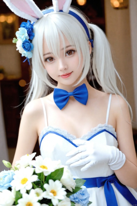 masterpiece,Realism,best quality,1girl,animal ears,solo,flower,gloves,rabbit ears,white gloves,white hair,hair ornament,dress,looking at viewer,hair flower,white dress,twintails,blurry background,blurry,hair between eyes,bow,upper body,white flower,fake animal ears,brown eyes,official alternate costume,lips,blue flower,blue bow,bowtie,ribbon,dutch angle,long hair,breasts,blue bowtie,closed mouth,laffey (azur lane),realistic,smile,signature,blue ribbon,bouquet,head tilt,artist name,
