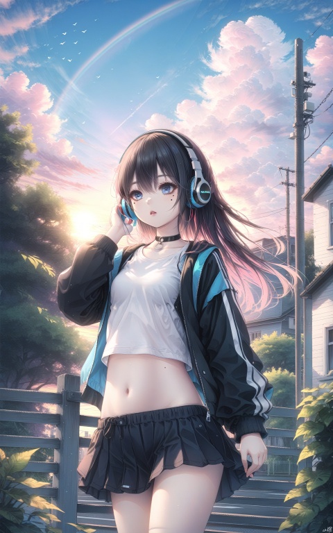 (masterpiece), (best quality), illustration, ultra detailed, hdr, Depth of field, (colorful), loli, 1girl, solo, headphones, long hair, jacket, black hair, blue eyes, black jacket, shirt, navel, mole under eye, parted lips, midriff, off shoulder, crop top, white shirt, open jacket, open clothes, mole, breasts, upper body, hair between eyes, hand on headphones, choker, looking to the side, medium breasts, long sleeves, floating hair, bangs, o-ring, short sleeves, looking away, hand in own hair, stomach, black choker ,outdoors, scenery, cloud, sky, tree, solo, railing, sunset, fence, power lines, utility pole, cloudy sky, sunlight, building, plant, standing, blue sky, road, chain-link fence, shadow, wide shot, cloud, outdoors, sky, rainbow, house, blue sky, power lines, utility pole, day, building, tree, cloudy sky, cumulonimbus cloud, bird, solo, summer, school uniform, artist name, short sleeves, cloud, sky, scenery, reflection, outdoors, sunset, sun, mirror, cloudy sky, sign, blue sky, moon, road sign