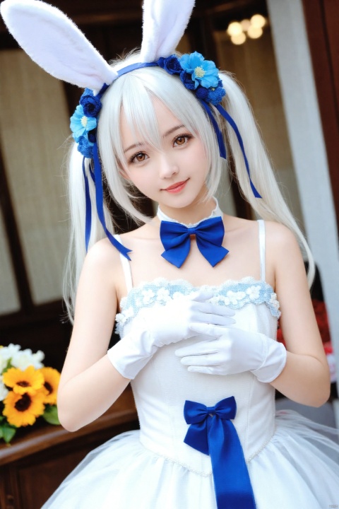 masterpiece,Realism,best quality,1girl,animal ears,solo,flower,gloves,rabbit ears,white gloves,white hair,hair ornament,dress,looking at viewer,hair flower,white dress,twintails,blurry background,blurry,hair between eyes,bow,upper body,white flower,fake animal ears,brown eyes,official alternate costume,lips,blue flower,blue bow,bowtie,ribbon,dutch angle,long hair,breasts,blue bowtie,closed mouth,laffey (azur lane),realistic,smile,signature,blue ribbon,bouquet,head tilt,artist name,