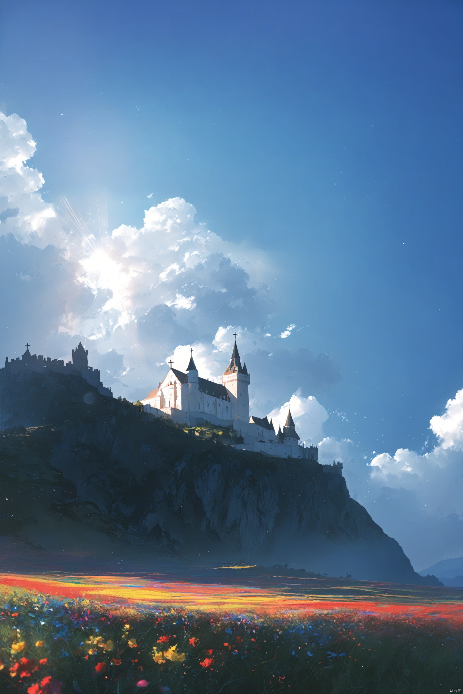  masterpiece,best quality,high quality,(colorful),[Artist miwano rag],[Artist toosaka asagi],[[[Artist wlop]]],[Artist chen bin],Artist Miv4t, scenery, no humans, sky, cloud, outdoors, cross, day, castle, sunlight, light rays, cloudy sky