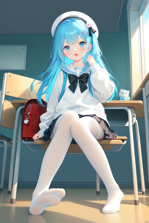 (masterpiece), (best quality), illustration, ultra detailed, hdr, Depth of field, (colorful),Artist:ask (askzy),Artist:chen bin,1girl, pantyhose, white pantyhose, no shoes, hat, bag, solo, blue eyes, soles, feet, skirt, blue hair, indoors, desk, white headwear, beret, looking at viewer, backpack, sitting, blush, randoseru, hair ornament, school desk, toes, long sleeves, white shirt, open mouth, shirt, black skirt, charm (object), pleated skirt, hairclip, on desk, classroom, white jacket, legs, long hair, thighband pantyhose, school uniform, black bow, bag charm, chair, hand up