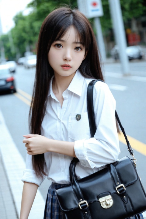 masterpiece,Realism,best quality, 1girl, long hair, bag, black hair, solo, school uniform, shirt, sleeves rolled up, blurry, looking at viewer, skirt, school bag, white shirt, realistic, lips, depth of field, upper body, black eyes, shoulder bag, brown eyes, nose, parted lips, plaid, plaid skirt, collared shirt