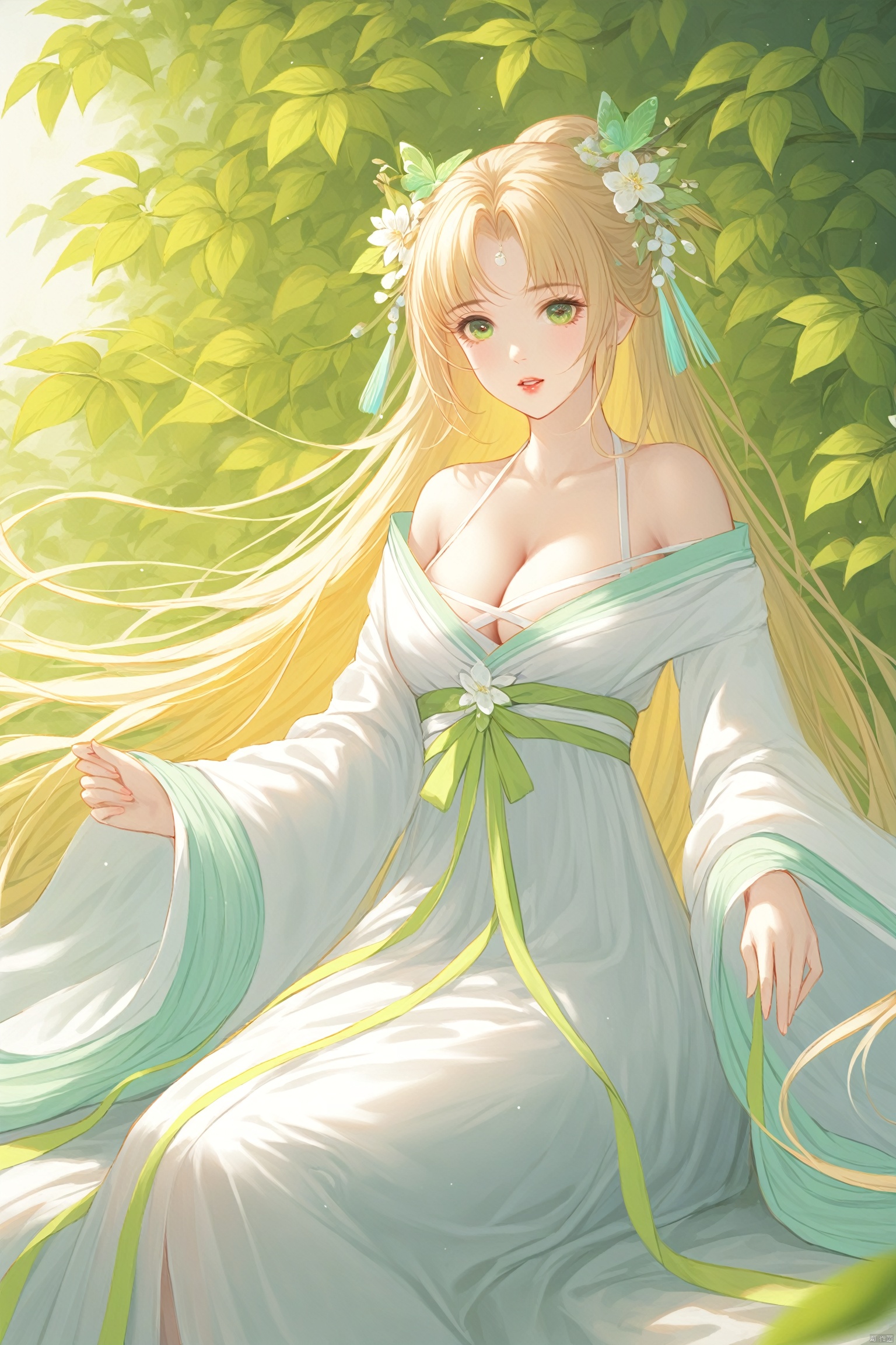 masterpiece,best quality,high quality,(colorful),loli,1girl, long hair, green eyes, solo, hair ornament, breasts, dress, cleavage, blonde hair, parted lips, looking at viewer, bare shoulders, long sleeves, leaf, white dress, hanfu, wide sleeves, very long hair, medium breasts, sitting, off shoulder, bug