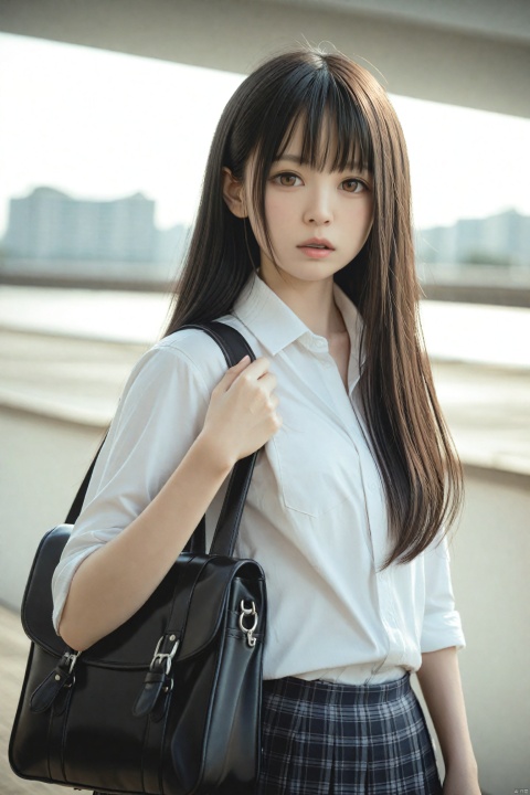 masterpiece,Realism,best quality,loli,1girl, long hair, bag, black hair, solo, school uniform, shirt, sleeves rolled up, blurry, looking at viewer, skirt, school bag, white shirt, realistic, lips, depth of field, upper body, black eyes, shoulder bag, brown eyes, nose, parted lips, plaid, plaid skirt, collared shirt