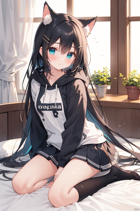 masterpiece, best quality, girl, black hair, very long hair, hime_cut, crossed bangs, hairclip, straight hair, aqua eyes, cute face, , aqua eyes, breasts, hoodie , skirt, white kneehighs,  , solo, sitting on the middle of bed,no shoes,two legs,cats ears,kneeling