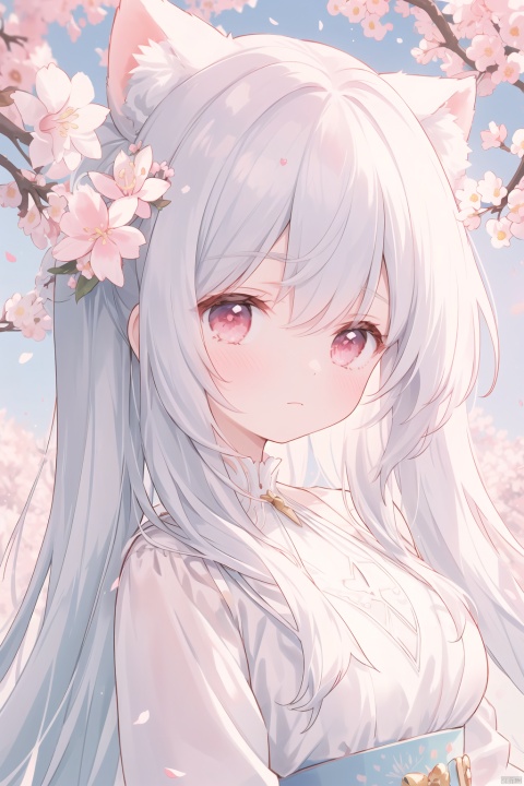  The image features a beautiful anime girl dressed in a flowing white and red dress, standing amidst a flurry of red cherry blossoms. The contrast between her white dress and the red flowers creates a striking visual effect. The lighting in the image is well-balanced, casting a warm glow on the girl and the surrounding flowers. The colors are vibrant and vivid, with the red cherry blossoms standing out against the white sky. The overall style of the image is dreamy and romantic, perfect for a piece of anime artwork. The quality of the image is excellent, with clear details and sharp focus. The girl's dress and the flowers are well-defined, and the background is evenly lit, without any harsh shadows or glare. From a technical standpoint, the image is well-composed, with the girl standing in the center of the frame, surrounded by the blossoms. The use of negative space in the background helps to draw the viewer's attention to the girl and the flowers. The cherry blossoms, often associated with transience and beauty, further reinforce this theme. The girl, lost in her thoughts, seems to be contemplating the fleeting nature of beauty and the passage of time. Overall, this is an impressive image that showcases the photographer's skill in capturing the essence of a scene, as well as their ability to create a compelling narrative through their art.catgirl,loli,white hair,pink eyes,face close-up,wallpaper