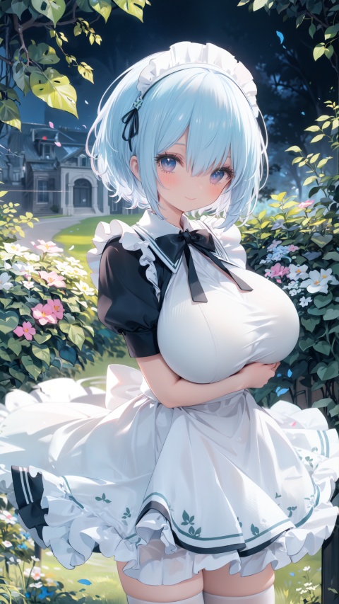  rem, roswaal mansion maid uniform, white thighhighs, maid headdress, hair over one eye, eyes visible through hair, own hands together, garden, grass, greenery, bushes, mansion, smile, shadow, (gigantic breasts:1.2), lmao, (masterpiece, best quality), solo, cowboy shot,
