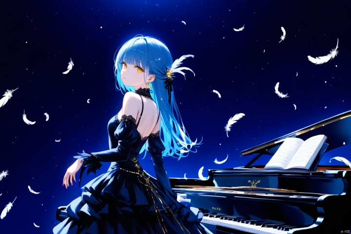  1girl, solo, looking at viewer, bangs, yellow eyes, dress, bare shoulders, jewelry, blue hair, detached sleeves, looking back, from behind, black dress, book, piano, feathers