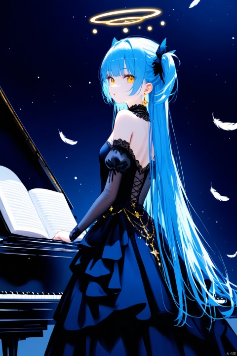  1girl, solo, looking at viewer, bangs, dress, bare shoulders, jewelry, blue hair,long hair, two side up, flower, earrings, detached sleeves, looking back, from behind, black dress, book, halo, piano ,feathers BREAK yellow eyes,