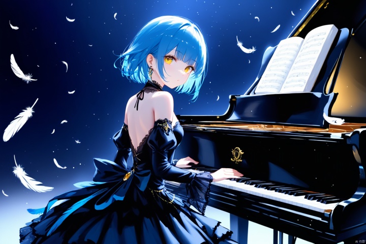  1girl, solo, looking at viewer, bangs, yellow eyes, dress, bare shoulders, jewelry, blue hair, detached sleeves, looking back, from behind, black dress, book, piano, feathers