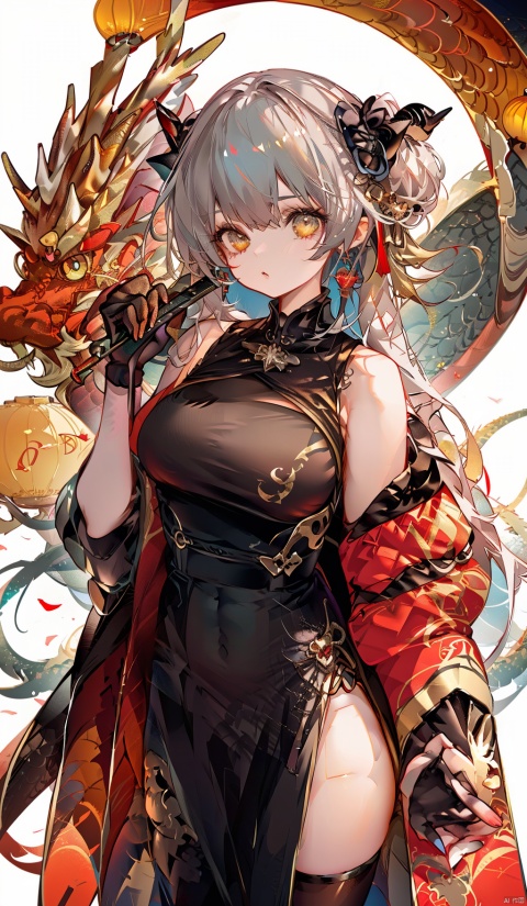 1girl, solo, weapon, horns, breasts, gun, thighhighs, grey_hair, handgun, dress, navel, jewelry, holding, dragon_horns, black_thighhighs, garter_straps, black_dress, holding_weapon, holding_gun, earrings, looking_at_viewer, hoop_earrings, gloves, large_breasts, tail, dragon_girl, black_gloves, fingerless_gloves, dragon_tail, choker, grey_background, necklace, hand_on_hip, brown_eyes, ponytail, long_hair, bare_shoulders, navel_cutout,