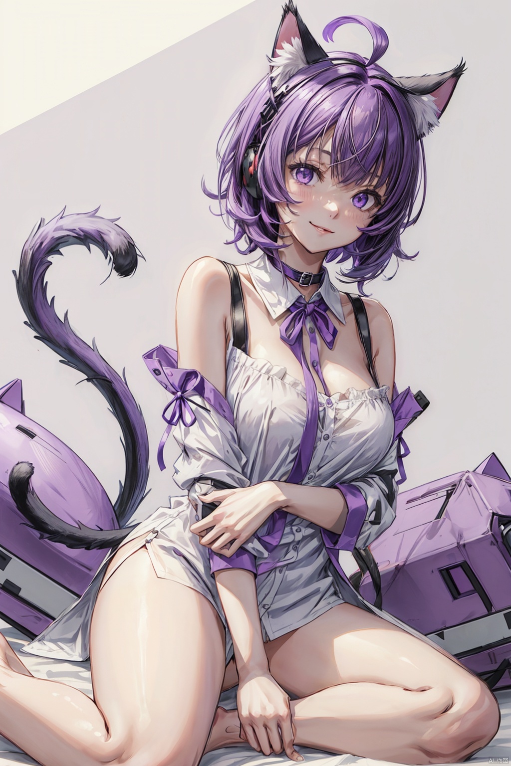 nekomata_okayu, animal_ears, virtual_youtuber, tail, cat_ears, solo, shirt, purple_eyes, breasts, cat_tail, purple_hair, white_shirt, ahoge, wariza, cleavage, cat_girl, sitting, bangs, looking_at_viewer, ribbon, long_sleeves, purple_ribbon, blush, animal_ear_fluff, collar, smile, short_hair, sleeves_past_wrists, collarbone, dress_shirt, purple_background, barefoot, collared_shirt, medium_breasts, neck_ribbon, partially_unbuttoned, off_shoulder, simple_background, open_mouth, :3, black_collar, no_pants, naked_shirt, bare_legs, official_alternate_costume, choker, hand_between_legs, between_legs,