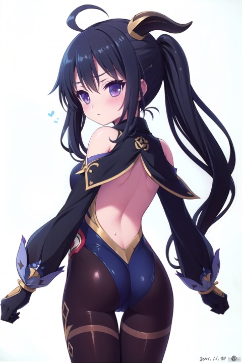 solo, ganyu_(genshin_impact), long_hair, horns, torn_clothes, ahoge, blue_hair, detached_sleeves, gloves, ass, looking_at_viewer, from_behind, breasts, white_background, back, blush, looking_back, purple_eyes, black_gloves, thighlet, bare_shoulders, medium_breasts, backless_outfit, white_sleeves, pantyhose, cropped_legs, bangs, gold_trim, simple_background, waist_cape, dated, bodystocking, low_ponytail, torn_pantyhose, thigh_gap, leotard, sweat, bow, embarrassed, black_pantyhose, leotard_under_clothes, long_sleeves, goat_horns, cowboy_shot, thighs, sidelocks,