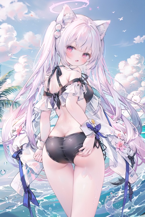 swimsuit, animal_ears, off-shoulder_bikini, solo, bikini, black_hair, halo, long_hair, ass, twintails, red_eyes, black_bikini, breasts, ribbon, frilled_bikini, looking_at_viewer, sky, cat_ears, adjusting_clothes, off_shoulder, hair_ribbon, outdoors, ocean, blush, animal_ear_fluff, cloud, frills, day, very_long_hair, adjusting_swimsuit, underboob, from_behind, looking_back, open_mouth, bare_shoulders, blue_sky, blue_ribbon,masterpiece, best quality, masterpiece,best quality,official art,extremely detailed CG unity 8k wallpaper, original, absurdres, wallpaper, artbook,