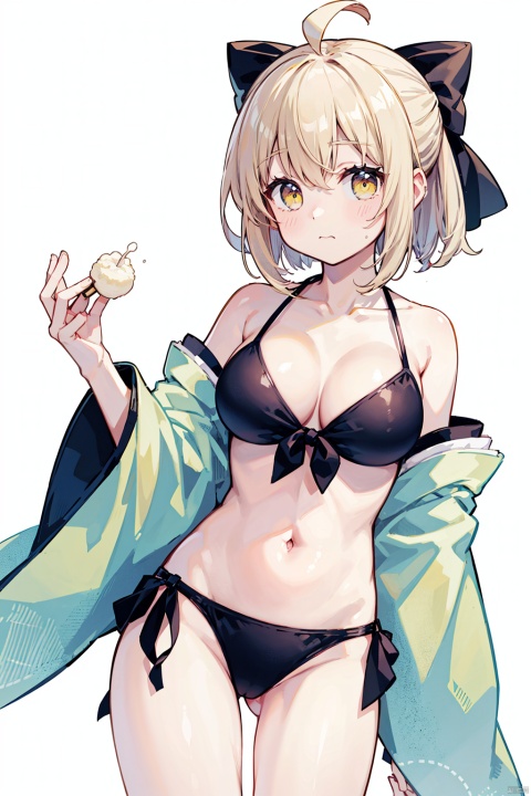 okita_souji_(fate), okita_souji_(koha-ace), solo, swimsuit, breasts, bikini, food, navel, bow, ahoge, holding_food, medium_breasts, hair_bow, white_background, short_hair, black_bow, blonde_hair, side-tie_bikini_bottom, simple_background, japanese_clothes, looking_at_viewer, ass_visible_through_thighs, haori, off_shoulder, cowboy_shot, dango, holding, eating, collarbone, yellow_eyes, blue_bikini, kimono, blush, open_clothes, bangs, cleavage, half_updo, stomach, standing, wagashi, underboob, wide_sleeves, bare_shoulders, front-tie_bikini_top, front-tie_top, shinsengumi，masterpiece, best quality, masterpiece,best quality,official art,extremely detailed CG unity 8k wallpaper, original, absurdres, wallpaper, artbook,