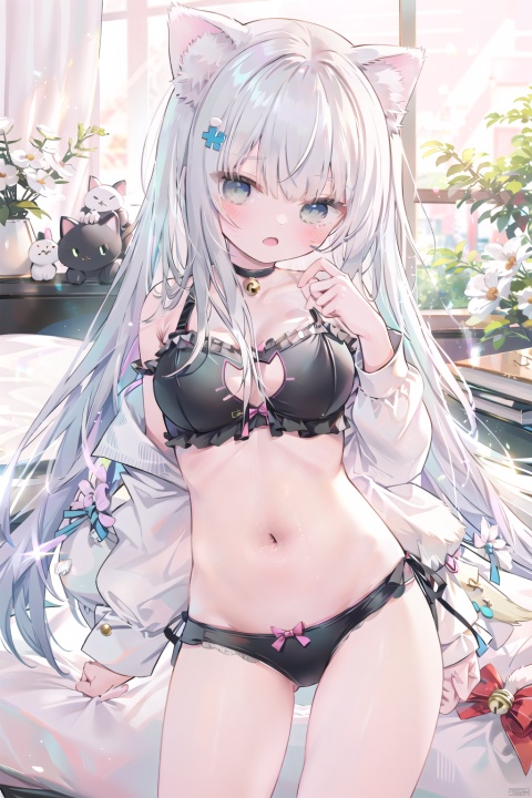 3girl, hk416_(girls'_frontline), animal_ears, cat_lingerie, breasts, meme_attire, underwear, solo, cat_cutout, green_eyes, long_hair, clothing_cutout, side-tie_panties, panties, cat_ears, paw_pose, cleavage_cutout, navel, bra, black_panties, cleavage, black_bra, looking_at_viewer, bangs, bell, choker, cat_ear_panties, hair_ornament, frilled_bra, blush, frills, collarbone, underwear_only, cowboy_shot, grey_hair, facial_mark, open_mouth, animal_ear_fluff, neck_bell, jingle_bell, blue_hair, blunt_bangs, kemonomimi_mode, bare_shoulders, black_choker, standing, medium_breasts, large_breasts, paw_print, stomach, groin, hands_up, very_long_hair,