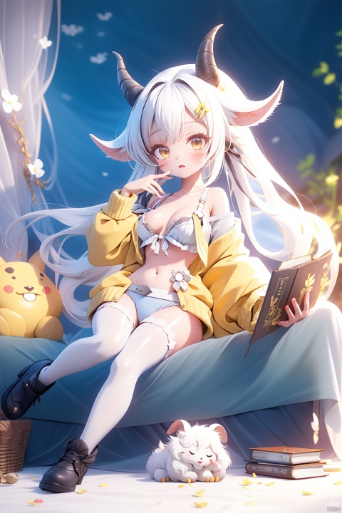  official_alternate_costume, animal_ears, goat_ears, horns, solo, goat_horns, goat_girl, yellow_eyes, underwear, long_hair, white_cardigan, black_panties, thighhighs, looking_at_viewer, panties, dark-skinned_female, open_cardigan, dark_skin, open_clothes, white_hair, breasts, white_thighhighs, lying, cardigan, off_shoulder, navel, on_back, no_shoes, long_sleeves, black_footwear, indoors, spread_legs, bangs, shoes, small_breasts, feet, belt, full_body, plant, signature, bare_shoulders, parted_lips, no_bra, book, animal_ear_fluff, sweater,