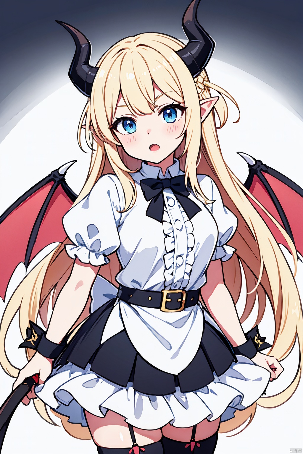 dragon, long_hair, horns, holding, wings, looking_at_viewer, short_sleeves, blue_eyes, solo, white_background, dragon_wings, breasts, parted_lips, puffy_sleeves, white_dress, shirt, blonde_hair, bangs, bow, skirt, puffy_short_sleeves, white_shirt, tail, holding_weapon, simple_background, dragon_tail, standing, dragon_horns, medium_breasts, bowtie, cowboy_shot, frills, wrist_cuffs, dress, dragon_girl, weapon, sidelocks, belt, blush, open_mouth, gradient, black_bow, ribbon, black_skirt, gradient_background
