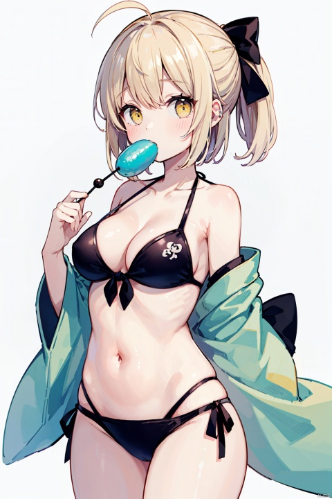okita_souji_(fate), okita_souji_(koha-ace), solo, swimsuit, breasts, bikini, food, navel, bow, ahoge, holding_food, medium_breasts, hair_bow, white_background, short_hair, black_bow, blonde_hair, side-tie_bikini_bottom, simple_background, japanese_clothes, looking_at_viewer, ass_visible_through_thighs, haori, off_shoulder, cowboy_shot, dango, holding, eating, collarbone, yellow_eyes, blue_bikini, kimono, blush, open_clothes, bangs, cleavage, half_updo, stomach, standing, wagashi, underboob, wide_sleeves, bare_shoulders, front-tie_bikini_top, front-tie_top, shinsengumi