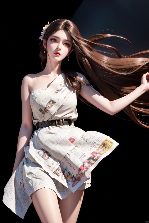  Girl, long hair, fluttering in the wind, emitting hair, headwear, wearing a newspaper dress, short skirt, beautiful legs, simple background, black background
