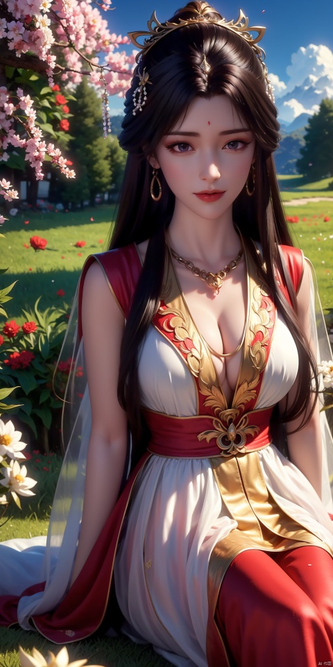  A girlBig chest (round chest), full and plump, with black long hair, flowing bangs, sitting under the moonlight, wearing Hanfu, earrings, silver headgear, and patterned clothes. White flowers, charming smiles (fluttering in the wind), fresh and realistic flowers, masterpieces, blooming effects, beautiful grassland red petals, red flowers, butterfly dances, necklaces, smiles, red petals,