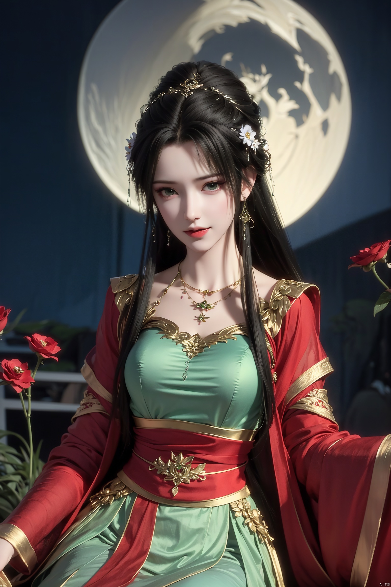  A girl, a beautiful woman with long black hair and green hair accessories, sitting under the moonlight, wearing a crystal green Hanfu with patterns on her clothes. The red flowers, charming smiles (fluttering in the wind), fresh and realistic flowers, masterpieces, blooming effects, beautiful grass red petals, black flowers, butterfly dance, necklace, smile, black petals,