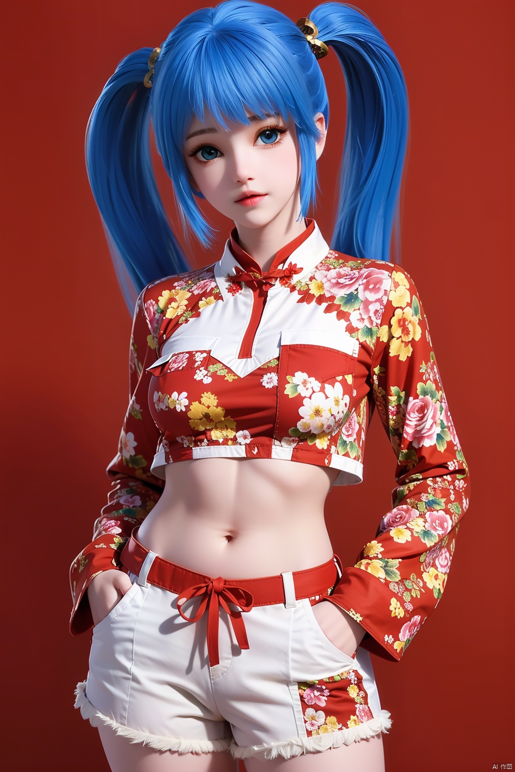 Girl, long hair, double ponytails, (blue hair: 1.3), hair fluttering in the wind, blue eyes, (wearing a red floral belly pocket), retro buckle, white plush collar, red floral shorts, simple background, (red background), New Year, festive