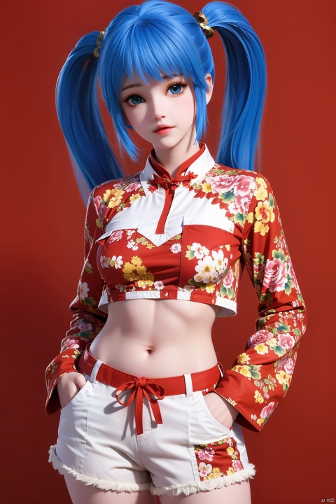 Girl, long hair, double ponytails, (blue hair: 1.3), hair fluttering in the wind, blue eyes, (wearing a red floral belly pocket), retro buckle, white plush collar, red floral shorts, simple background, (red background), New Year, festive