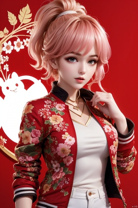  Girl, short haired ponytail, (pink hair), (wearing a red floral cotton jacket), white plush collar, red floral tight pants, simple background, (red background, red background), New Year, festive
