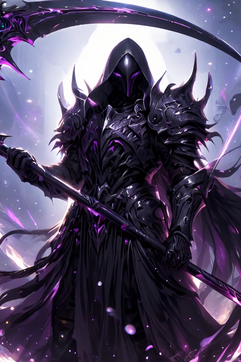 an anime image of a fantasy game knight, wielding a galaxy scythe, galaxy print on the scythe, wearing black armor, allay in background, digital art, HD, masterpiece, best quality, hyper detailed, ultra detailed,