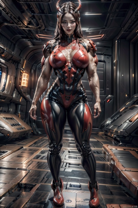  masterpiece, best quality, masterpiece,best quality,official art,extremely detailed CG unity 8k wallpaper,1girl,solo, long hair, brown hair,high heels, full_body(1.5),fully_dressed,crystal_dress, fantasy art,Alien astronauts, Tight latex clothing, MUSCULAR FEMALE, BY MOONCRYPTOWOW, red skin Devil girl with horns and tail,HALO, EXTREMELY MUSCULAR