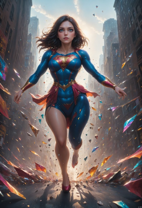  Hyperrealistic photoshoot, a(super woman-flying-high, main-focus), a(busy-New-York-city-street, below, out-of-focus),((monster-falling-down, in-focus)), masterpiece,super detail, Giantess, KALEIDOSHATTER