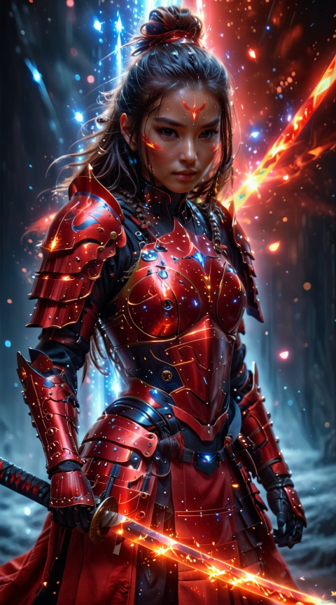  A female warrior in red armor, she stands alone among the stars, forming a magnificent picture with the planets and stars around her. Her armor was as red as fire, as if it could burn the universe, and the red katana in her hand shone with a cold light, as if it could Pierce all obstacles. The female warrior's hair, red as fire, fluttered across the void of the universe, in stark contrast to her armor.
1 girl,full body,masterpiece,
render,technology, (best quality) (masterpiece), (highly detailed), 4K,Official art, unit 8 k wallpaper, ultra detailed, masterpiece, best quality, extremely detailed, dynamic angle,atmospheric,highdetail,exquisitefacialfeatures,futuristic,sciencefiction,CG, (wielding katana:1.2)