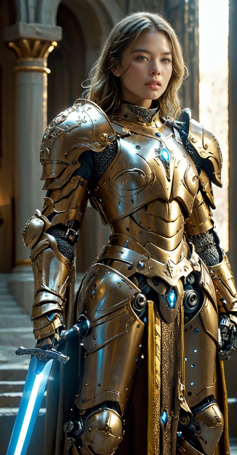  amazing quality, masterpiece, best quality, hyper detailed, ultra detailed, UHD, perfect anatomy, (in castle:1.2),
girl knight, holding a sword, dazzling ,transparent ,polishing, (1 arm up),
waving sword, gold armor, glowing armor, glowing eyes, full armor, shine armor, dazzling armor, 
, HKStyle,
,
,
, extremely detailed,
 ral-bling, HKSTYLE, MAJICMIX STYLE, ((cyborg dress and mechanic elements))