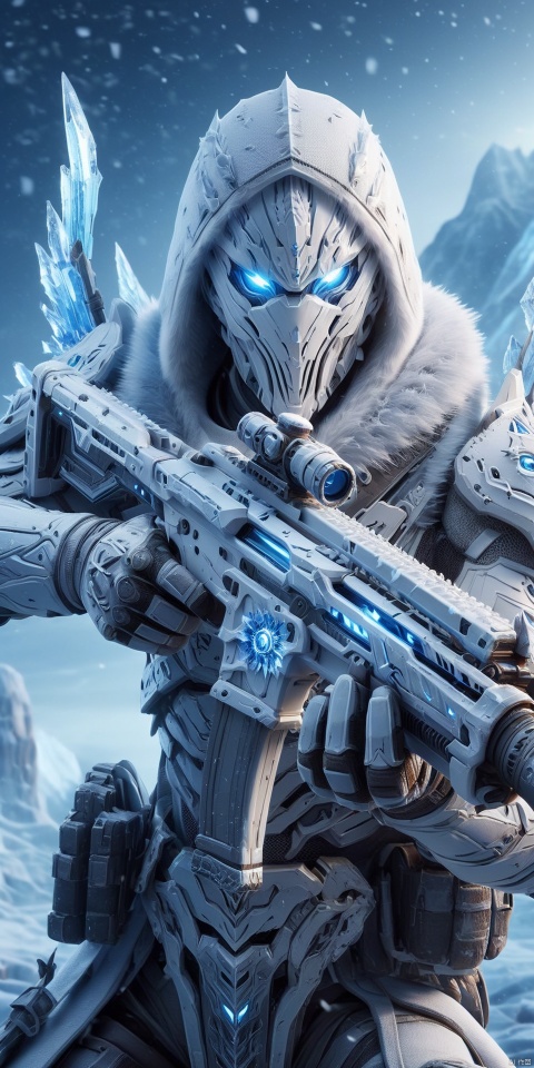 a realistic action shot  of a fantasy game character wielding an assault rifle made of ice, pointing at the camera, wearing white armor, snowing allay in background, digital art, HD, masterpiece, best quality, hyper detailed, ultra detailed, Assault Rifle