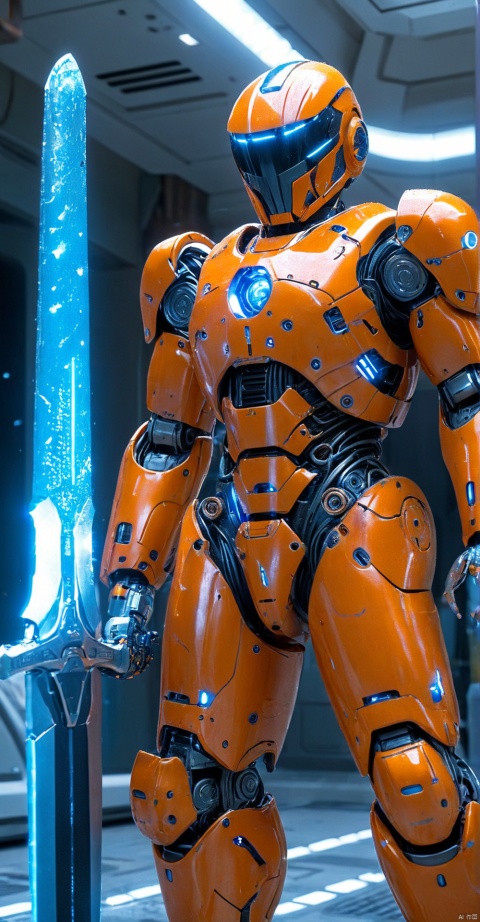 Close up shot of a futurisitc orange robot, wearing tech armor and robotic wins, holding blue glowing sword infront of him, standing up, futuristic spacestation in background, HKStyle, HD, masterpiece, best quality, hyper detailed, ultra detailed, super realistic, HKSTYLE