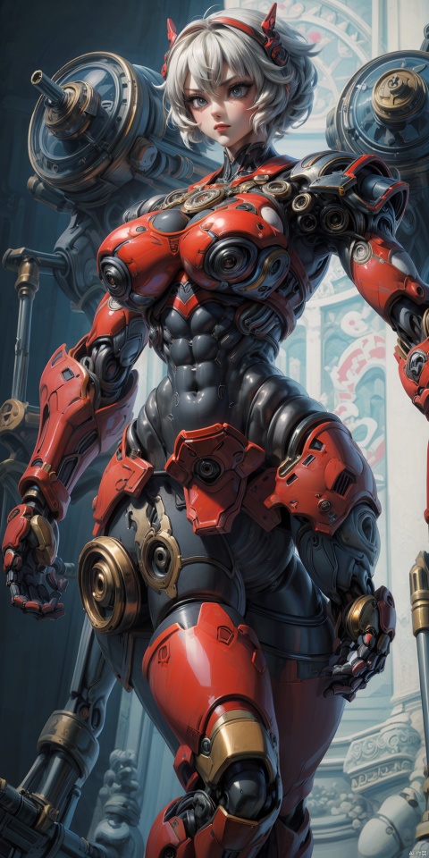  (Masterpiece: 1.6, (highly detailed: 1.6), (best quality: 1.6) (high resolution: 1.6) 1 nude girl, red patent leather Skin-tight garment, (mechanical: 1.1), complex decoration, armed weapons, Futurism, huge breasts, punk,machinery,blue_jijiaS,Sexy muscular,ROBORT,Hourglass body shape,ABS, Mecha dress, Lactating, Wear loin cloth