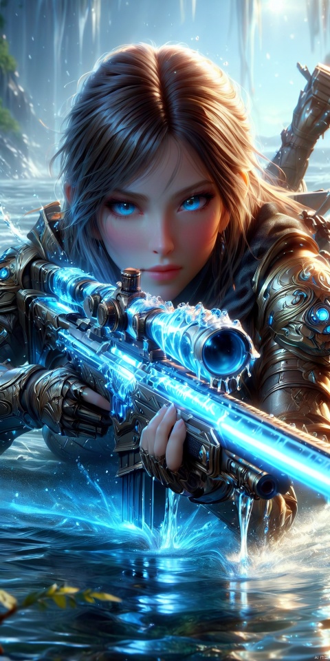 an realistic image of a female fantasy game character laying on the gorund, wielding glowing Sniper Rifle made of water, aiming at the camera, wearing armor, water allay in background, digital art, HD, masterpiece, best quality, hyper detailed, ultra detailed,