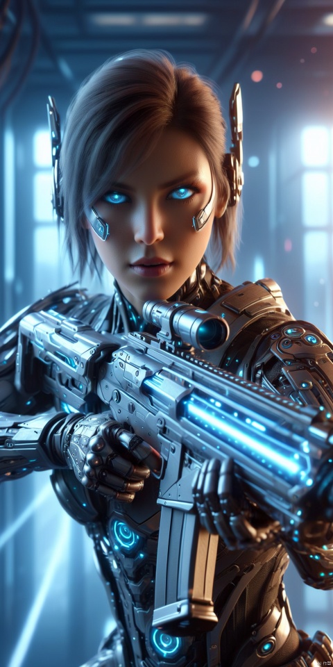 a realistic action shot of a female fantasy game cyborg wielding a glowing futuristic assault rifle aiming at the camer, futuristic labb in background, HD, masterpiece, best quality, hyper detailed, ultra detailed, Assault Rifle