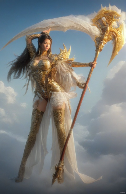  ,1girl,(the whole body:1.6),sea of clouds,chinese immortals, HDR,UHD,8K,best quality,masterpiece,realistic,highres,masterpiece, Wielding a battleaxe