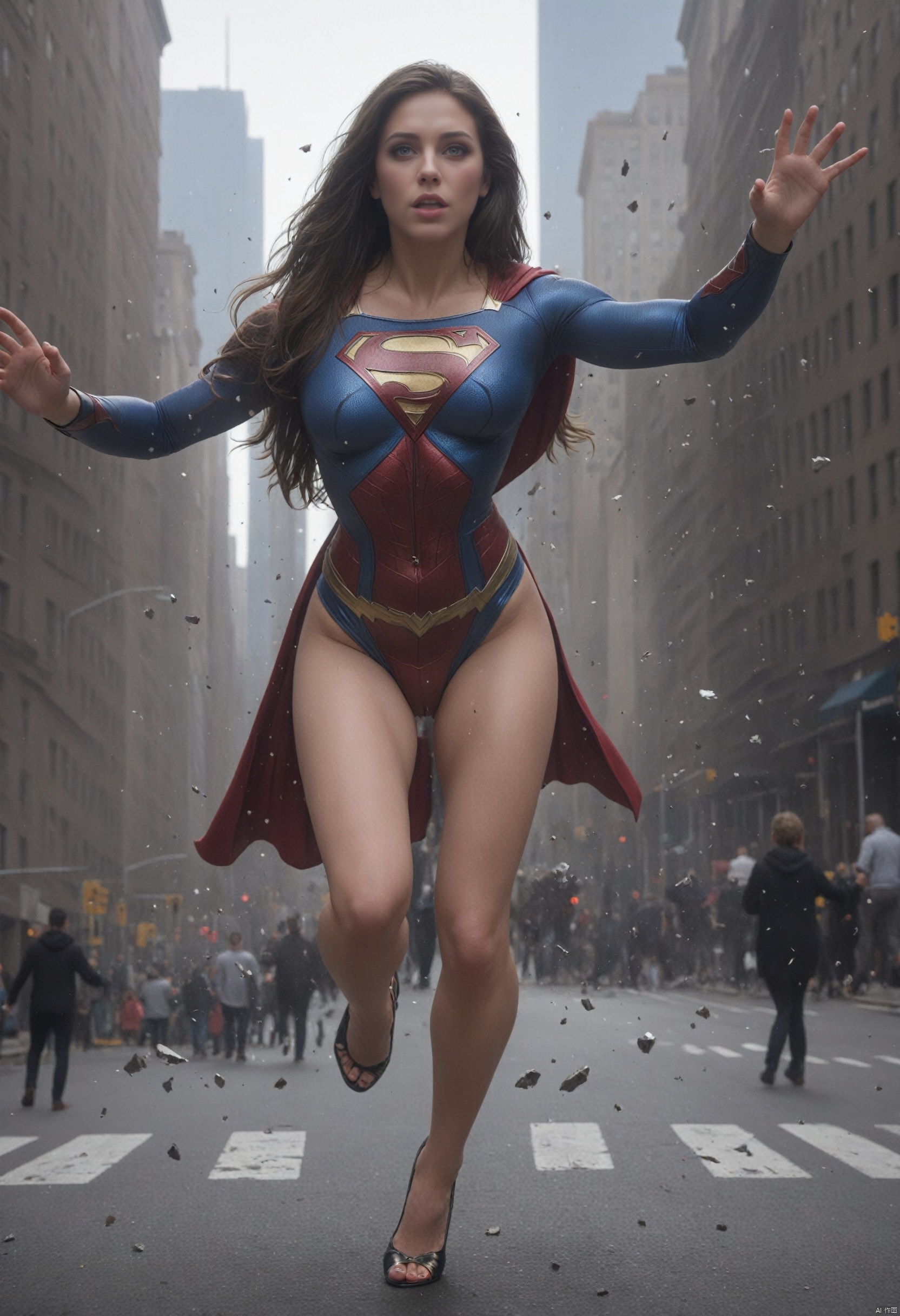  Hyperrealistic photoshoot, a(super woman-flying-high, main-focus), a(busy-New-York-city-street, below, out-of-focus),((monster-falling-down, in-focus)), masterpiece,super detail, Giantess, KALEIDOSHATTER