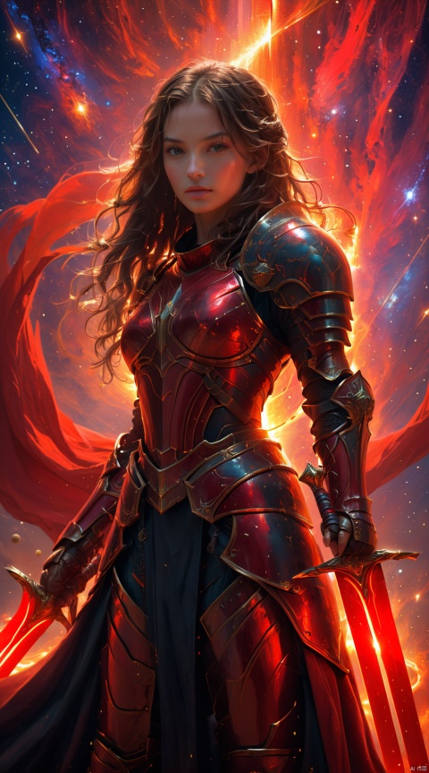  A female warrior in red armor, she stands alone among the stars, forming a magnificent picture with the planets and stars around her. Her armor was as red as fire, as if it could burn the universe, and the red dual swords  in her hand shone with a cold light, as if it could Pierce all obstacles. The female warrior's hair, red as fire, fluttered across the void of the universe, in stark contrast to her armor.
1 girl,full body,masterpiece,
render,technology, (best quality) (masterpiece), (highly detailed), 4K,Official art, unit 8 k wallpaper, ultra detailed, masterpiece, best quality, extremely detailed, dynamic angle,atmospheric,highdetail,exquisitefacialfeatures,futuristic,sciencefiction,CG, (wielding dual swords:1.2)