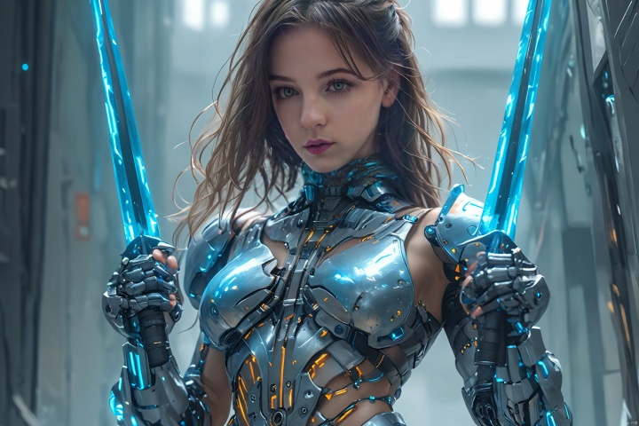  (Masterpiece, best picture quality), Cyberpunk, girl, French bangs, ((metal and transparent shell | splicing robot)), transparent belly:1.1, metal spine:1.2, (Cyber| body paint), aircraft background, dynamic perspective, cyborg, 1girl, 
, mecha, Realistic, (wielding dual swords:1.2), MAJICMIX STYLE