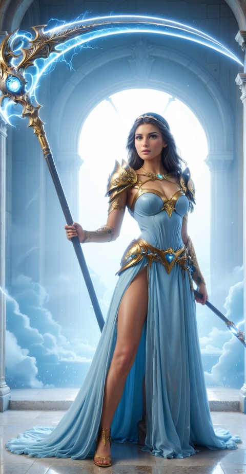  Ultra Realistic, cinematic lights, glam pose, chill,princess gown, Ultra Realistic princess
, Athena, wielding a scythe, wielding a scythe