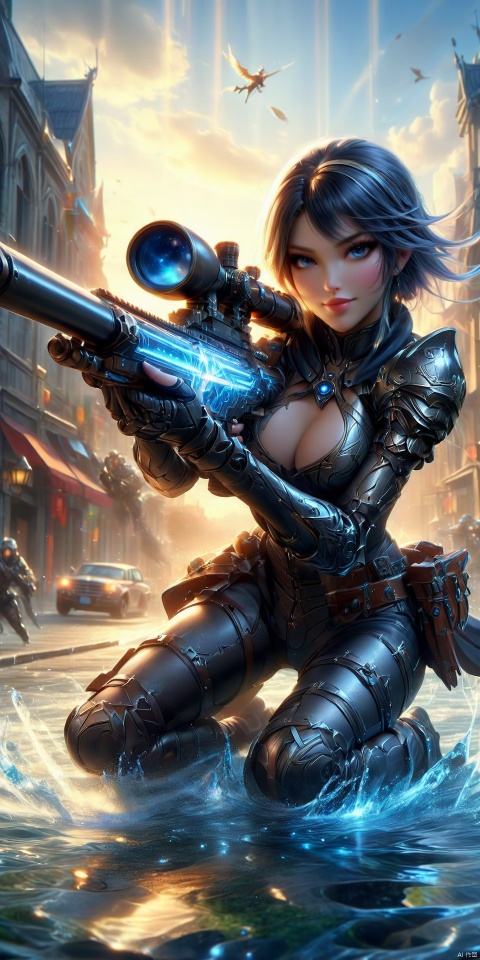  an realistic image of a female fantasy game character laying on the gorund, wielding glowing Sniper Rifle made of water, aiming at the camera, wearing armor, water allay in background, digital art, HD, masterpiece, best quality, hyper detailed, ultra detailed, an image of a fantasy game female knight, 1girl,solo,,medium breasts,,ruanyi0106,(full body:1.3),(pantyhose:1.1),(thigh gap:1.4),bottomless,(gradient pantyhose),, ruanyi0069,china dress,no panties,cross-laced clothes,bare shoulders,side slit,squatting cowgirl position,spread legs,, (masterpiece, best quality, hires, high resolution:1.2), (extremely detailed, realistic, intricate details, highres), 3d, cg, bbw, shiny skin, (laughing:1.4), blush,, eyeliner, eyeshadow, eyelashes,, (gigantic breasts, saggy breasts:1.1), (cinematic lighting, sunlight, volumetric), looking at viewer, crowded street background, vintage fantasy, sun lights,1960s \(style\), film grain, SCYTHE, MAJICMIX STYLE, wielding a futuristic sniper rifle, aim
 the viewer.
